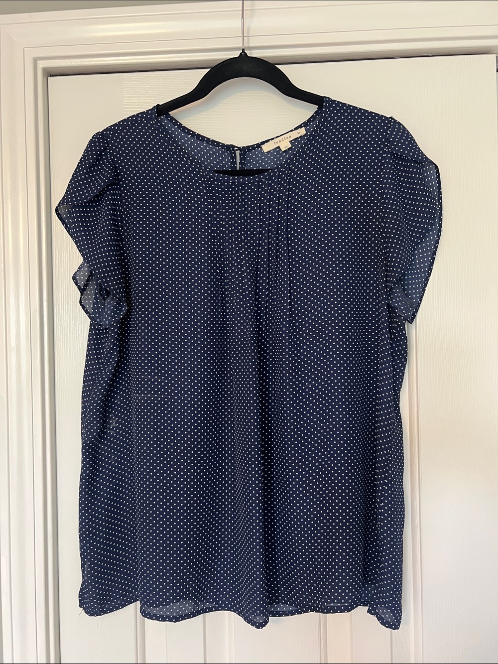fun 2 fun Navy Blue Polka Dot Short Sleeve Blouse Size XL